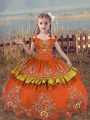 Custom Made Sleeveless Satin Floor Length Lace Up Girls Pageant Dresses in Rust Red with Beading and Embroidery
