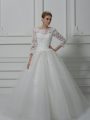 Scoop 3 4 Length Sleeve Tulle Wedding Gown Beading and Lace Brush Train Lace Up