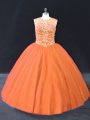 Floor Length Orange Quince Ball Gowns Tulle Sleeveless Beading
