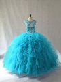 Eye-catching Ball Gowns Ball Gown Prom Dress Baby Blue Scoop Tulle Sleeveless Floor Length Lace Up