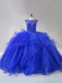 Eye-catching Royal Blue Sleeveless Beading and Ruffles Lace Up Ball Gown Prom Dress