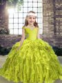 Sweet Sleeveless Organza Floor Length Lace Up Little Girls Pageant Dress Wholesale in Yellow Green with Beading and Ruffles