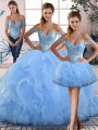 Sophisticated Tulle Off The Shoulder Sleeveless Lace Up Beading and Ruffles Quinceanera Gown in Blue