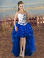 Blue And White A-line Embroidery Prom Gown Lace Up Organza Sleeveless High Low