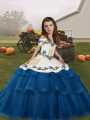 Custom Fit Sleeveless Lace Up Floor Length Embroidery and Ruffled Layers Child Pageant Dress