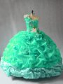 Turquoise Sleeveless Floor Length Pick Ups and Hand Made Flower Lace Up Quince Ball Gowns