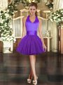 Best Selling Tulle Halter Top Sleeveless Lace Up Ruching Prom Evening Gown in Purple