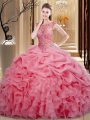 Floor Length Lace Up Ball Gown Prom Dress Pink for Sweet 16 and Quinceanera with Beading and Ruffles and Pick Ups
