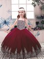 Burgundy Sleeveless Floor Length Beading and Embroidery Lace Up Little Girl Pageant Dress