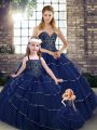 Exquisite Navy Blue Sleeveless Tulle Brush Train Lace Up Sweet 16 Dress for Military Ball and Sweet 16 and Quinceanera