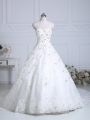 Sleeveless Chapel Train Beading and Lace Lace Up Wedding Gowns