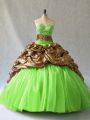 Brush Train Ball Gowns Vestidos de Quinceanera Strapless Organza and Printed Sleeveless Lace Up