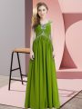 Popular Olive Green Chiffon Lace Up Prom Party Dress Cap Sleeves Floor Length Beading