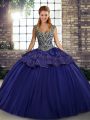 Purple Ball Gowns Tulle Straps Sleeveless Beading and Appliques Floor Length Lace Up Ball Gown Prom Dress
