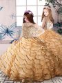 Lovely Gold Kids Pageant Dress Party and Sweet 16 and Wedding Party with Beading and Ruffled Layers Straps Sleeveless Court Train Lace Up