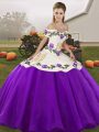 Elegant Sleeveless Organza Floor Length Lace Up Quinceanera Gowns in White And Purple with Embroidery
