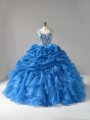 Custom Designed Blue Lace Up Straps Beading and Ruffles Quinceanera Dresses Organza Sleeveless
