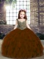 Fashion Sleeveless Tulle Floor Length Lace Up Little Girl Pageant Gowns in Brown with Beading and Ruffles