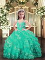 Affordable Straps Sleeveless Lace Up Little Girls Pageant Gowns Turquoise Organza