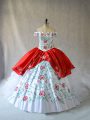Fashion White And Red Lace Up Off The Shoulder Embroidery and Ruffled Layers 15 Quinceanera Dress Organza Sleeveless