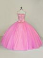 Strapless Sleeveless Sweet 16 Dress Floor Length Beading Pink Tulle
