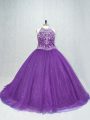 Glittering Sleeveless Beading Lace Up Sweet 16 Quinceanera Dress with Purple Brush Train
