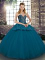Modest Sleeveless Floor Length Beading and Appliques Lace Up Ball Gown Prom Dress with Blue