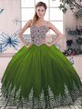 Popular Olive Green Tulle Lace Up Sweet 16 Dresses Sleeveless Floor Length Beading and Embroidery