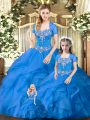 Great Blue Lace Up Sweetheart Beading and Ruffles 15 Quinceanera Dress Tulle Sleeveless