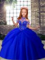 Low Price Royal Blue Tulle Lace Up Evening Gowns Sleeveless Floor Length Beading