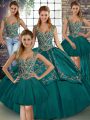 Teal Ball Gowns Tulle Straps Sleeveless Beading and Embroidery Floor Length Lace Up Quinceanera Gowns