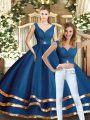 Navy Blue Tulle Backless V-neck Sleeveless Floor Length 15th Birthday Dress Beading and Ruffled Layers