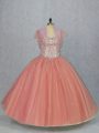 Customized Watermelon Red Tulle Lace Up Sweetheart Sleeveless Floor Length Quince Ball Gowns Beading