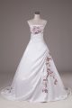 Popular Brush Train Ball Gowns Wedding Gown White Strapless Satin Sleeveless Lace Up