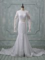 Fancy Long Sleeves Court Train Backless Lace and Belt Wedding Gown