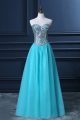 On Sale Aqua Blue A-line Tulle Sweetheart Sleeveless Beading Floor Length Zipper Prom Gown