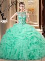 Sleeveless Floor Length Beading and Ruffles Lace Up Ball Gown Prom Dress with Apple Green