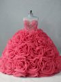 Coral Red Ball Gowns Beading Quinceanera Dress Lace Up Fabric With Rolling Flowers Sleeveless