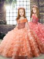Orange Organza Lace Up Kids Formal Wear Long Sleeves Brush Train Beading and Ruffled Layers