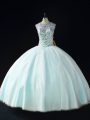 Affordable Apple Green Ball Gowns Beading Sweet 16 Dresses Lace Up Tulle Sleeveless Floor Length