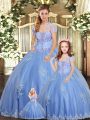 Cute Light Blue Sleeveless Beading and Appliques Floor Length Quince Ball Gowns