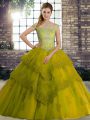 Olive Green Ball Gowns Off The Shoulder Sleeveless Tulle Brush Train Lace Up Beading and Lace Quince Ball Gowns
