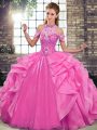 Halter Top Sleeveless Quinceanera Dress Floor Length Beading and Ruffles Rose Pink Organza