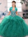 Fabulous Tulle Off The Shoulder Sleeveless Lace Up Beading and Ruffles 15 Quinceanera Dress in Turquoise