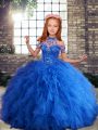 Blue Ball Gowns High-neck Sleeveless Tulle Floor Length Lace Up Beading and Ruffles Winning Pageant Gowns