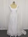 Cap Sleeves Sweep Train Lace Up Beading and Lace Wedding Dress