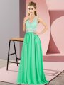 Fabulous Apple Green Chiffon Backless Evening Outfits Sleeveless Floor Length Beading and Lace and Appliques