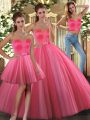 Pretty Sweetheart Sleeveless Quinceanera Gowns Floor Length Beading Coral Red Tulle