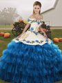 Hot Sale Off The Shoulder Sleeveless Organza Quinceanera Gown Embroidery and Ruffled Layers Lace Up