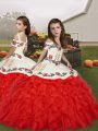 Red Ball Gowns Embroidery and Ruffles Kids Formal Wear Lace Up Organza Sleeveless Floor Length